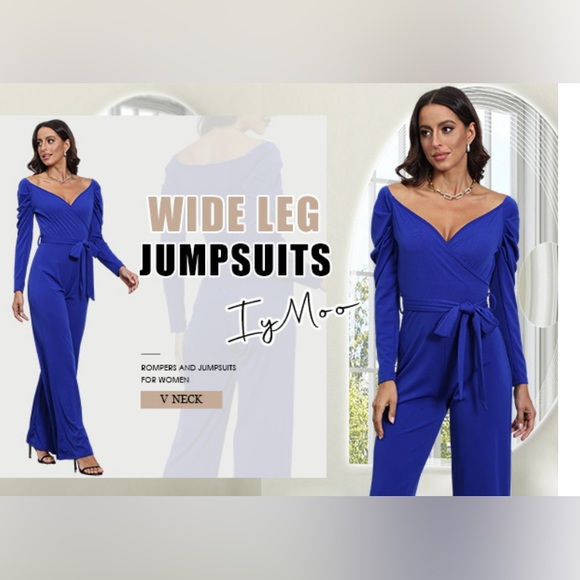 Women's Sexy Wrap Top Wide Leg Long Sleeve Cocktail V Neck Jumpsuit - Picture 8 of 10